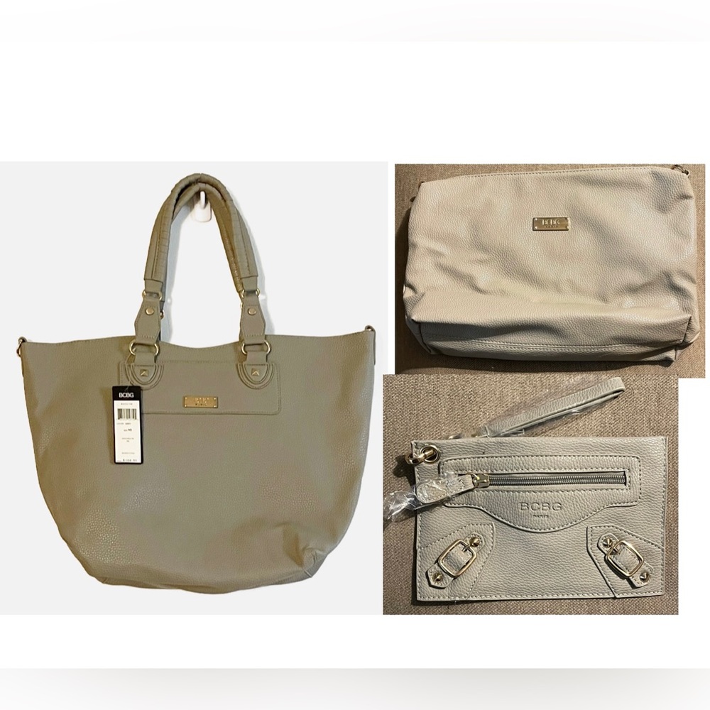BCBG 3 pc Gray Tote, Crossbody, Wristlet